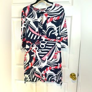 Vintage Barbara Gerwit small preppy print cotton knit new dress. 3/4 sleeve vee.